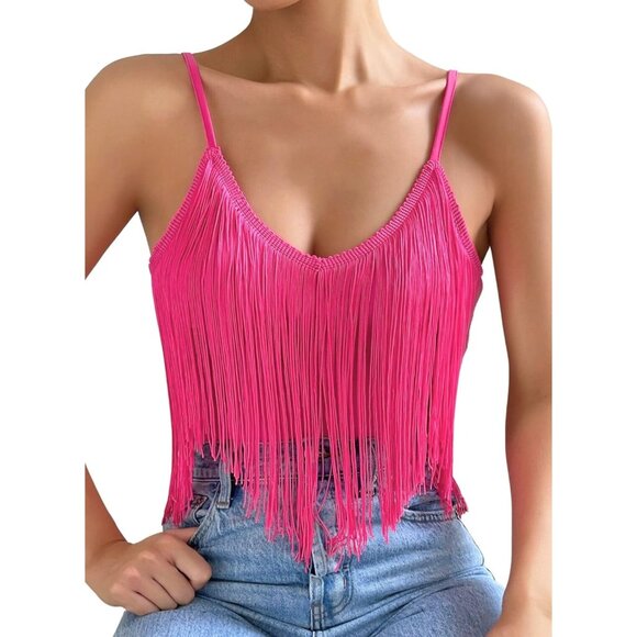 Women's Pink Fringe Tank Top Western Festival Clothing Cowgirl V Neck Outfits - Picture 1 of 7